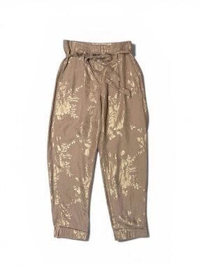 Tristan 100% Linen Gold Metallic Floral Belted Pants High-Waist XS